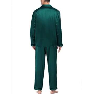 SWOMOG Mens Silk Satin Pajamas Set Long Sleeve Sleepwear Button-Down Pj Two-piece Loungewear with Long Pants (Deep Green，Large)