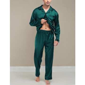 SWOMOG Mens Silk Satin Pajamas Set Long Sleeve Sleepwear Button-Down Pj Two-piece Loungewear with Long Pants (Deep Green，Large)