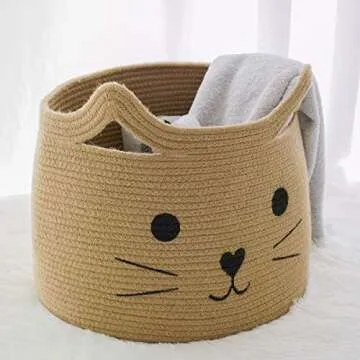 HiChen Large Woven Jute Rope Storage Basket, Baby Laundry Basket Organizer for Toys, Blanket, Clothes, Towels, Gifts | Pet Gift Baskets for Cat, Dog - 15.7" L×11.8" H