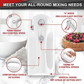 Lord Eagle Hand Mixer Electric 400W, 5 Speed handheld Mixer, 5 Stainless Steel Accessories for Baking Cake Egg Cream Food Beater, Turbo Boost/Self-Control Speed + Eject Button (White)
