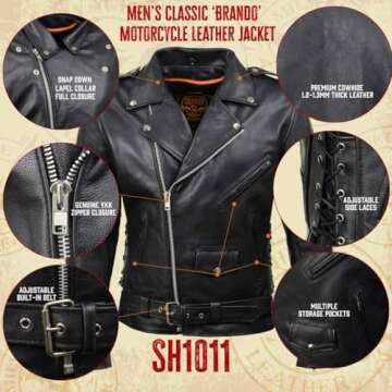 Milwaukee Leather SH1011 Black Classic Brando Motorcycle Jacket for Men Made of Cowhide Leather w/Si...