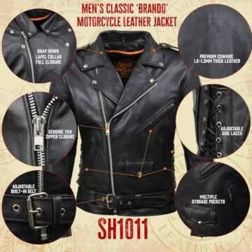 Milwaukee Leather SH1011 Black Classic Brando Motorcycle Jacket for Men Made of Cowhide Leather w/Si...