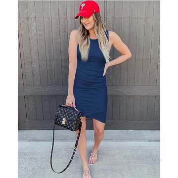 BTFBM Women 2025 Summer Sleeveless Tank Dresses Crew Neck Slim Fit Short Casual Ruched Bodycon Party Club Mini Dress(Dark Blue, Small)