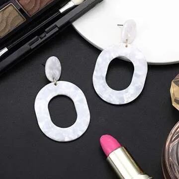 Acrylic Earrings For Women Statement Geometric Earrings Resin Acetate Drop Dangle Earrings Mottled Hoop Earrings Fashion Jewelry (White)
