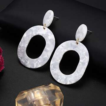 Acrylic Earrings For Women Statement Geometric Earrings Resin Acetate Drop Dangle Earrings Mottled Hoop Earrings Fashion Jewelry (White)