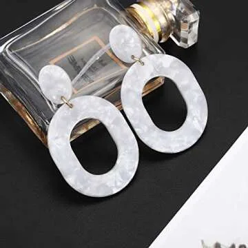 Acrylic Earrings For Women Statement Geometric Earrings Resin Acetate Drop Dangle Earrings Mottled Hoop Earrings Fashion Jewelry (White)