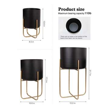 Sinolodo Large Floor Standing Planters with Metal Stand Pack of 3, Extra Large Plant Pot Container, Black and Gold Tree Planter Flower Pots and Stands(Black)