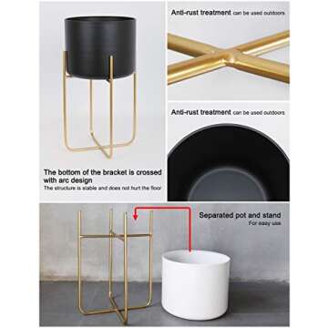 Sinolodo Large Floor Standing Planters with Metal Stand Pack of 3, Extra Large Plant Pot Container, Black and Gold Tree Planter Flower Pots and Stands(Black)