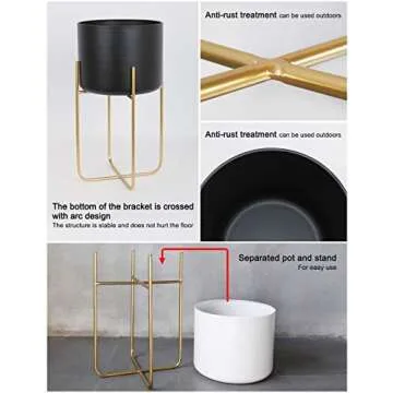 Sinolodo Large Floor Standing Planters with Metal Stand Pack of 3, Extra Large Plant Pot Container, Black and Gold Tree Planter Flower Pots and Stands(Black)