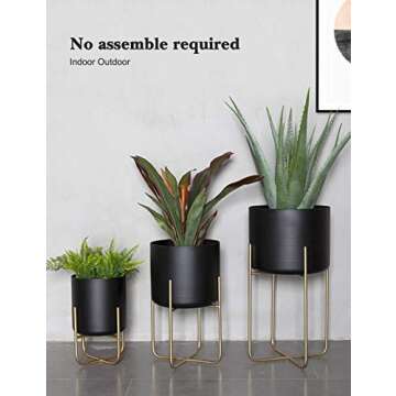 Sinolodo Large Floor Standing Planters with Metal Stand Pack of 3, Extra Large Plant Pot Container, Black and Gold Tree Planter Flower Pots and Stands(Black)