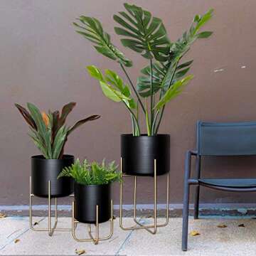 Sinolodo Large Floor Standing Planters with Metal Stand Pack of 3, Extra Large Plant Pot Container, Black and Gold Tree Planter Flower Pots and Stands(Black)