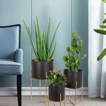 Sinolodo Large Floor Standing Planters with Metal Stand Pack of 3, Extra Large Plant Pot Container, Black and Gold Tree Planter Flower Pots and Stands(Black)