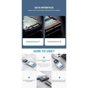 SATA to USB3.0 Adapter, Qmiypf USB 3.0 SATA III Hard Drive Adapter Cable SATA to USB 3.0 Adapter Cable for 2.5&3.5 inch SSD & HDD, Support UASP…