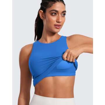 CRZ YOGA Butterluxe Womens Racerback Workout Tank Top with Built in Shelf Bra - Padded High Neck Yoga Athletic Camisole Sparkle Blue Medium