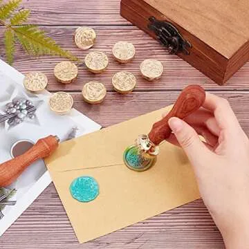 CRASPIRE 12PCS Wax Seal Stamp Set Moon and Sun Theme 10PCS Sealing Wax Stamp Heads with 2PCS Universal Wooden Handles for Weeding Invitation Envelope Card Birthday
