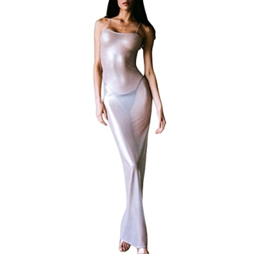 Sexy See Through Mesh Sheer Lace Patchwork Maxi Dress Perspective Ruffle Backless Long Dress for Bea...