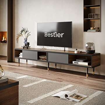 Bestier Mid Century Modern TV Stand for 85 inch tv, Entertainment Center with Storage and Sliding Doors, 2 in 1 Long TV Cabinet for Living Room, Ancona Walnut