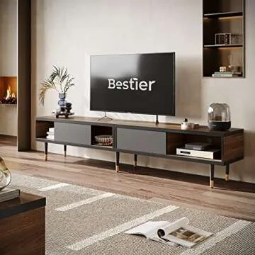 Bestier Mid Century Modern TV Stand for 85 inch tv, Entertainment Center with Storage and Sliding Doors, 2 in 1 Long TV Cabinet for Living Room, Ancona Walnut