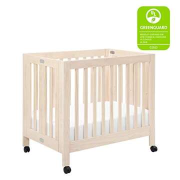 Babyletto Origami Mini Portable Crib Folding with Wheels in Washed Natural, 2 Adjustable Mattress Positions, Greenguard Gold Certified