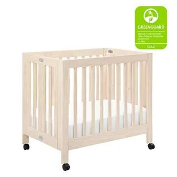 Babyletto Origami Mini Portable Crib Folding with Wheels in Washed Natural, 2 Adjustable Mattress Positions, Greenguard Gold Certified