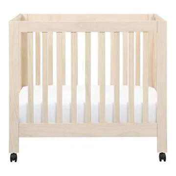 Babyletto Origami Mini Portable Crib Folding with Wheels in Washed Natural, 2 Adjustable Mattress Positions, Greenguard Gold Certified