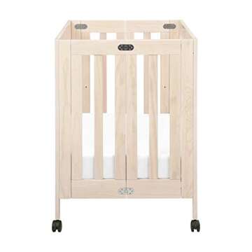 Babyletto Origami Mini Portable Crib Folding with Wheels in Washed Natural, 2 Adjustable Mattress Positions, Greenguard Gold Certified