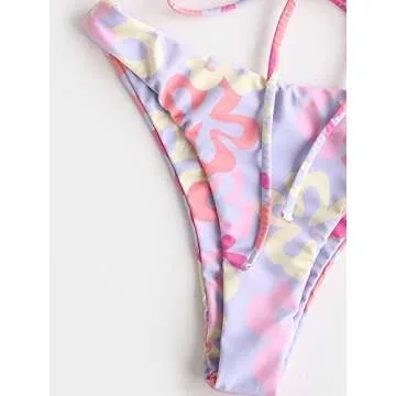 MakeMeChic Women's 2 Pieces Bandeau Swimsuits Tie Front High Cut Bikini Bathing Suit Multicolor M