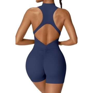 Vertvie Workout Jumpsuits for Women Zip Up Tummy Control Sleeveless One Piece Rompers Shorts V Back Scrunch Yoga Bodysuit(Navy Blue,Small)