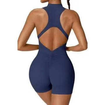 Vertvie Workout Jumpsuits for Women Zip Up Tummy Control Sleeveless One Piece Rompers Shorts V Back Scrunch Yoga Bodysuit(Navy Blue,Small)