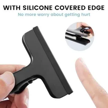 HOUSE AGAIN 8 Pack Stainless Steel Chip Bag Clips Covered with Silicone - NO More Sharp Edges - Color Coded for Food Bags - Air Tight Seal, Heavy Duty for Kitchen and Office, 3 Inches Wide, Black