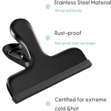 HOUSE AGAIN 8 Pack Stainless Steel Chip Bag Clips Covered with Silicone - NO More Sharp Edges - Color Coded for Food Bags - Air Tight Seal, Heavy Duty for Kitchen and Office, 3 Inches Wide, Black