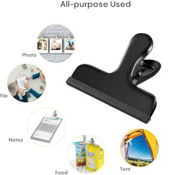 HOUSE AGAIN 8 Pack Stainless Steel Chip Bag Clips Covered with Silicone - NO More Sharp Edges - Color Coded for Food Bags - Air Tight Seal, Heavy Duty for Kitchen and Office, 3 Inches Wide, Black