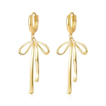 Gold Bow Hoop Earrings - Elegant 14K Gold Plated Ribbon Dangle Jewelry