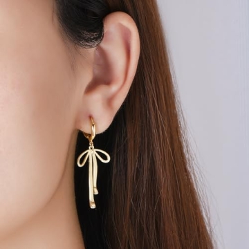 14K Gold Bow Hoop Earrings Elegant Ribbon Dangle Jewelry
