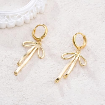14K Gold Bow Hoop Earrings Elegant Ribbon Dangle Jewelry