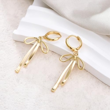 14K Gold Bow Hoop Earrings Elegant Ribbon Dangle Jewelry