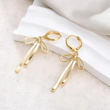 14K Gold Bow Hoop Earrings Elegant Ribbon Dangle Jewelry