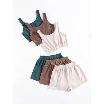 SheIn Women's 6 Pieces Outfits Tank Crop Top and Elastic Waist Shorts Lounge Set Multicolor Blue Large