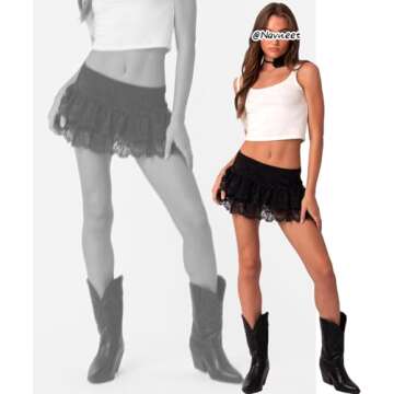 Navneet Women Sexy Y2K Layered Ruffle Mesh Sheer Lace Mini Skirt Low Rise Shorts Skirt Coquette Going Out Skirt Black S