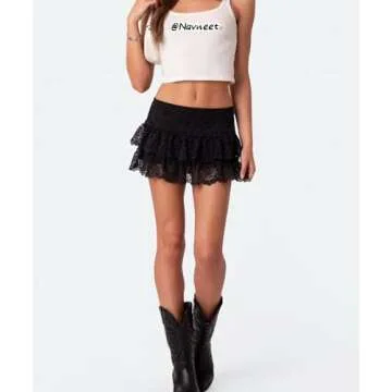 Navneet Women Sexy Y2K Layered Ruffle Mesh Sheer Lace Mini Skirt Low Rise Shorts Skirt Coquette Going Out Skirt Black S