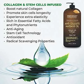 First Botany, Anti-Cellulite Massage Oil Infused with Collagen & Stem Cells - Natural Cellulite & Stretch Mark Treatment for Men & Women - 8 oz