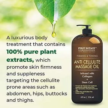 First Botany, Anti-Cellulite Massage Oil Infused with Collagen & Stem Cells - Natural Cellulite & Stretch Mark Treatment for Men & Women - 8 oz