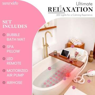 SereneLife Bubble Bath Mat – Portable Spa with Adjustable Intensity, Waterproof LED Light, Pillow & Remote Control for Ultimate Relaxation (Pink)