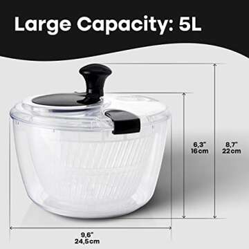 Joined Large Salad Spinner with Drain, Bowl, and Colander - Quick and Easy Multi-Use Lettuce Spinner, Vegetable Dryer, Fruit Washer, Pasta and Fries Spinner - 5.28 Qt