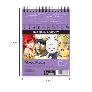 Daler-Rowney Optima Lightly Textured 250gsm A5 Mixed Media Paper Spiral Pad, 30 White Sheets, Ideal for Professional Artists & Students