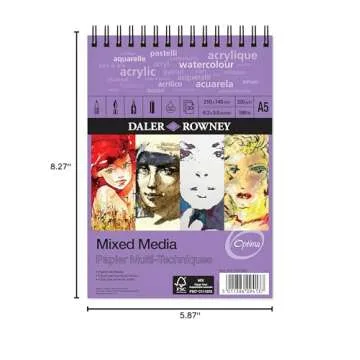 Daler-Rowney Optima Lightly Textured 250gsm A5 Mixed Media Paper Spiral Pad, 30 White Sheets, Ideal for Professional Artists & Students