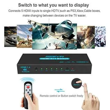 HDMI Switch SGEYR 5x1 HDMI Switcher 5 in 1 Out HDMI Switch Selector 5 Port Box with IR Remote Control HDMI 1.4 HDCP 1.4 Support 4K@30Hz Ultra HD 3D 2160P 1080P