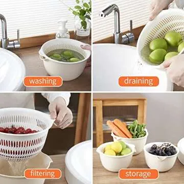 2-in-1 Kitchen Strainer and Colander Bowl Sets,Vegetable Washing Basket,BPA Free Plastic Double Layered Drain Basin and Basket,for Pasta Fruits Vegetable Cleaning Washing Mixing 2 Set