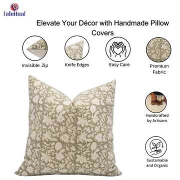 Fabritual Block Print Duck Canvas 16x16 Throw Pillow Covers, Handmade Vintage Pillow Covers for Sofa and Couch, Floral Print Outdoor Cushion Cover with Boho Home Decor (Manikarnika, Green)