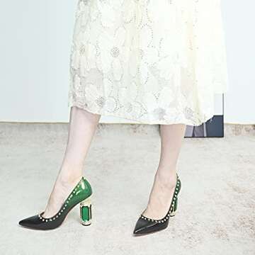 FSJ Women Bridal Pointed Toe Chunky High Heel Crystal Pumps Slip on Wedding Thick Comfort Shoes Size 8 Emerald Green